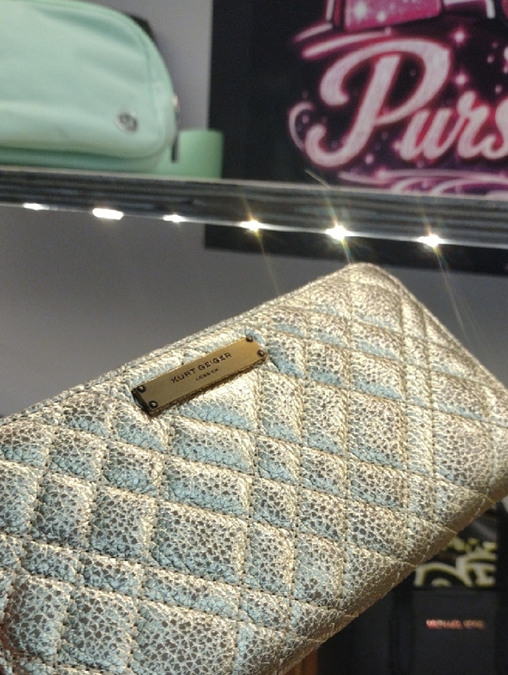 Kurt Geiger Metallic Gold Quilted Wristlet Clutch NWT $135 - Picture 3 of 8